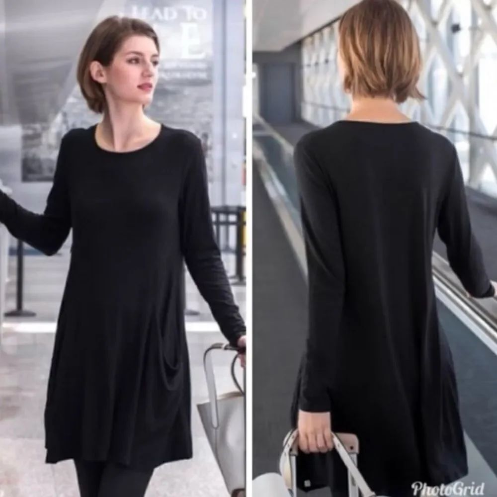 Betabrand Black Silk Blend Lagenlook Long Sleeve Pocket Travel Dress